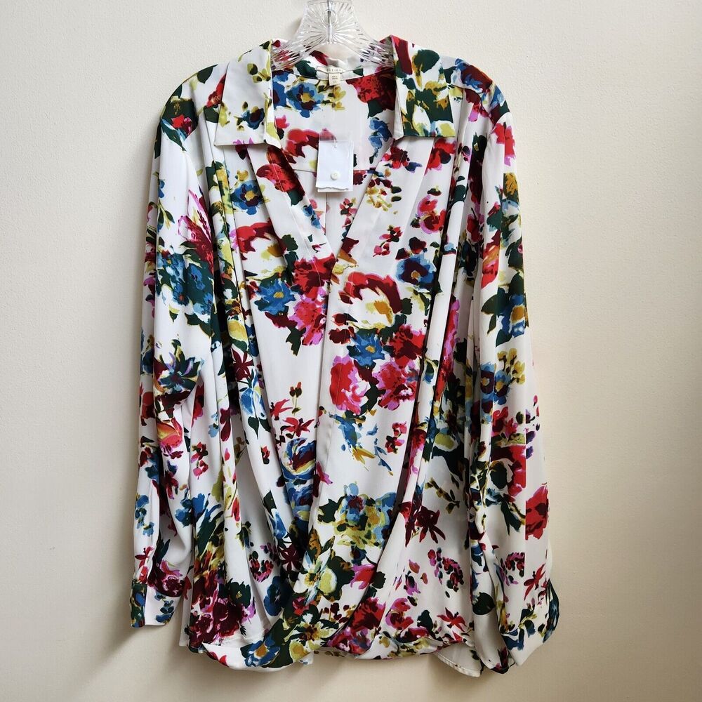 Pleione Blouse Women 2X White Multicolor Floral Faux Wrap Cottagecore Boho Chic